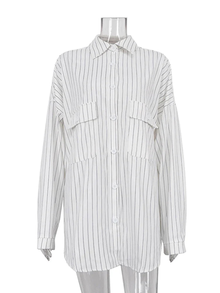 Women's Oversized Striped Long Sleeve Shirt - Loose Fit