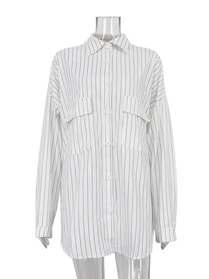 Women's Oversized Striped Long Sleeve Shirt - Loose Fit