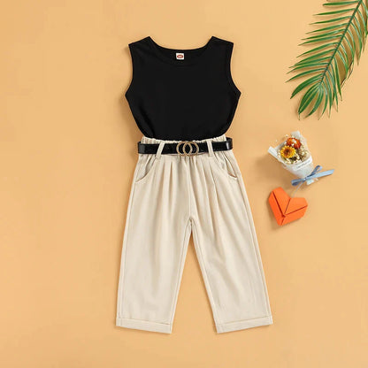 Girls' Vest Top, High Waist Pants & Belt 3-Piece Set