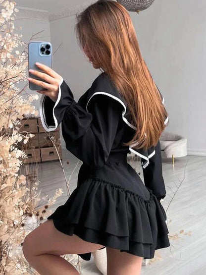 Women's Elegant Long Sleeve Ruffle Flare Mini Dress