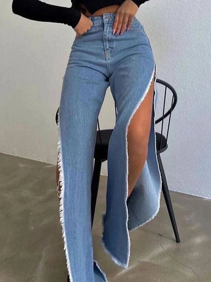 Washed High Waist Flare Side Slit Denim Jeans