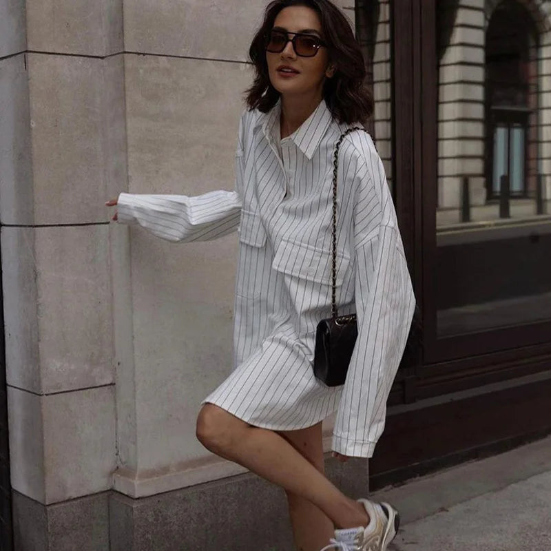 Women's Oversized Striped Long Sleeve Shirt - Loose Fit