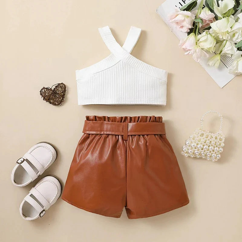 Girls' 3-Piece Summer Set - Ribbed White Sleeveless Camisole, Elastic Waist Leather Shorts & Belt