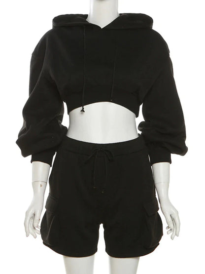 Women's Matching 2-Piece Crop Top Hoodie & Shorts Set