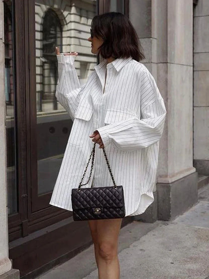 Women's Oversized Striped Long Sleeve Shirt - Loose Fit