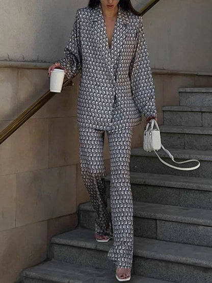 Women's Matching Satin 2-Piece Printed Long Sleeve Pants Suit Set